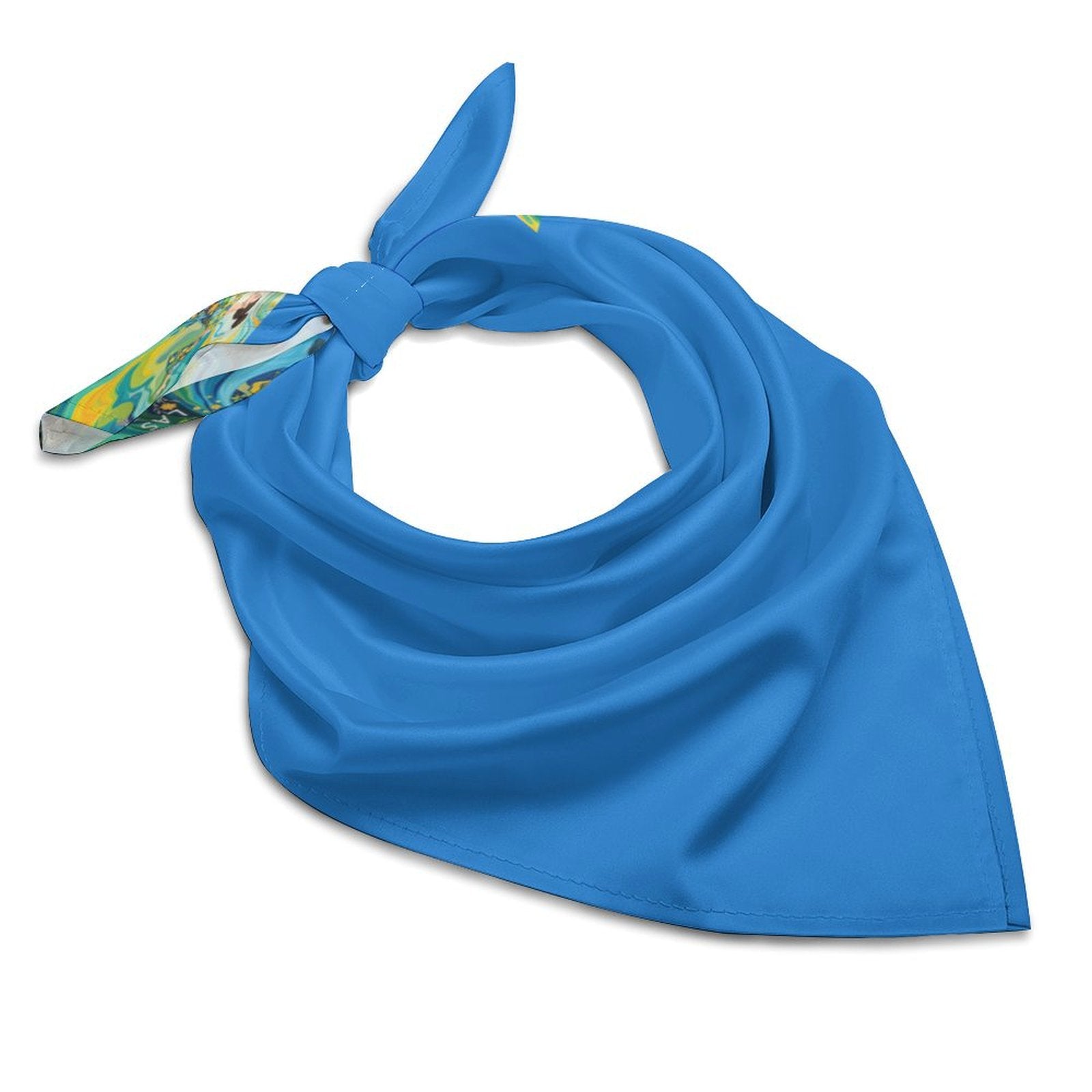 Blue silky smooth scarf kerchief, versatile accessory for styling city bomber jackets with lightweight synthetic fabric