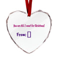 Customizable heart-shaped crystal glass ornament for Christmas, personalized with photo and holiday greeting.