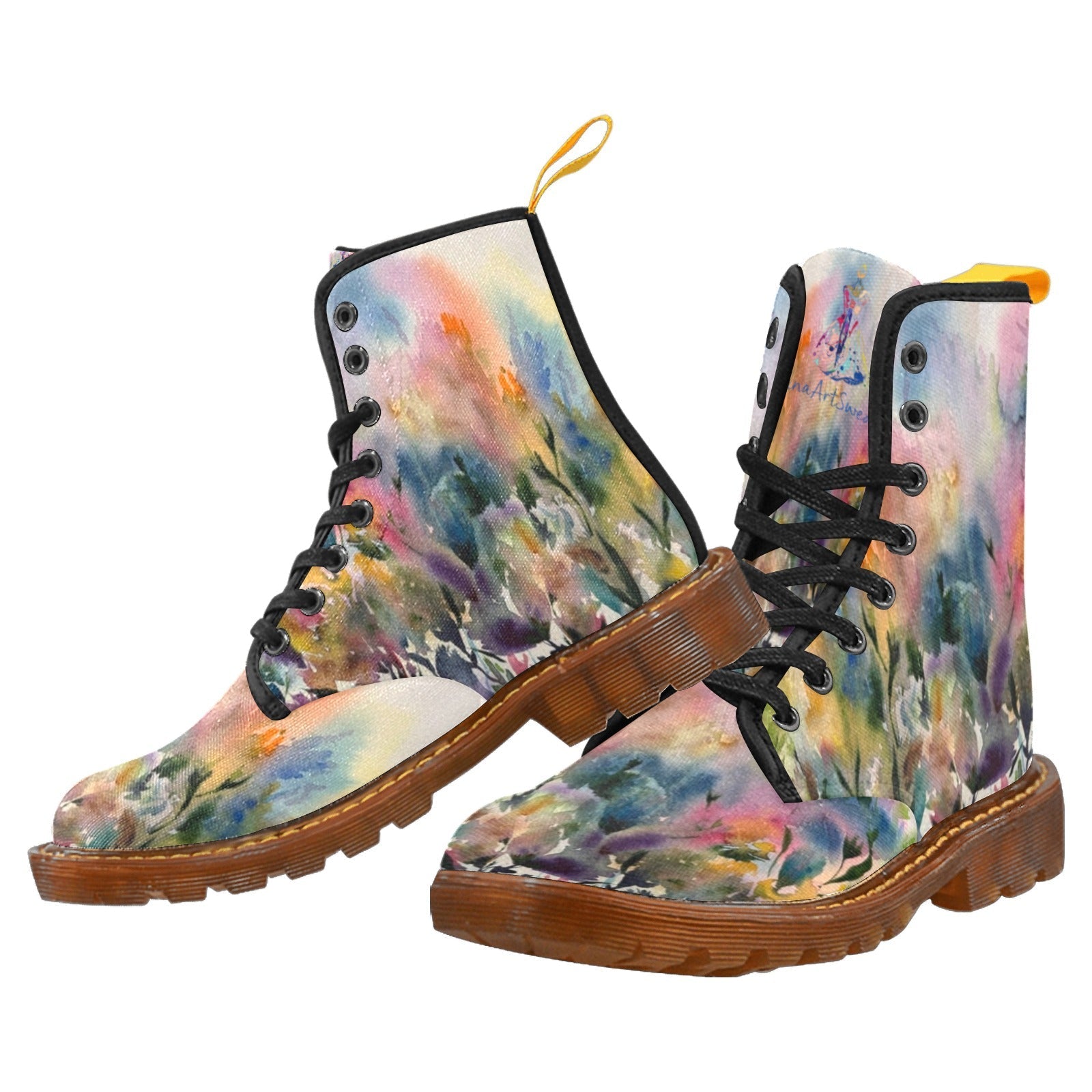 Women's Morning Dew Light floral lace-up canvas combat boots with translucent rubber sole and ribbed midsole