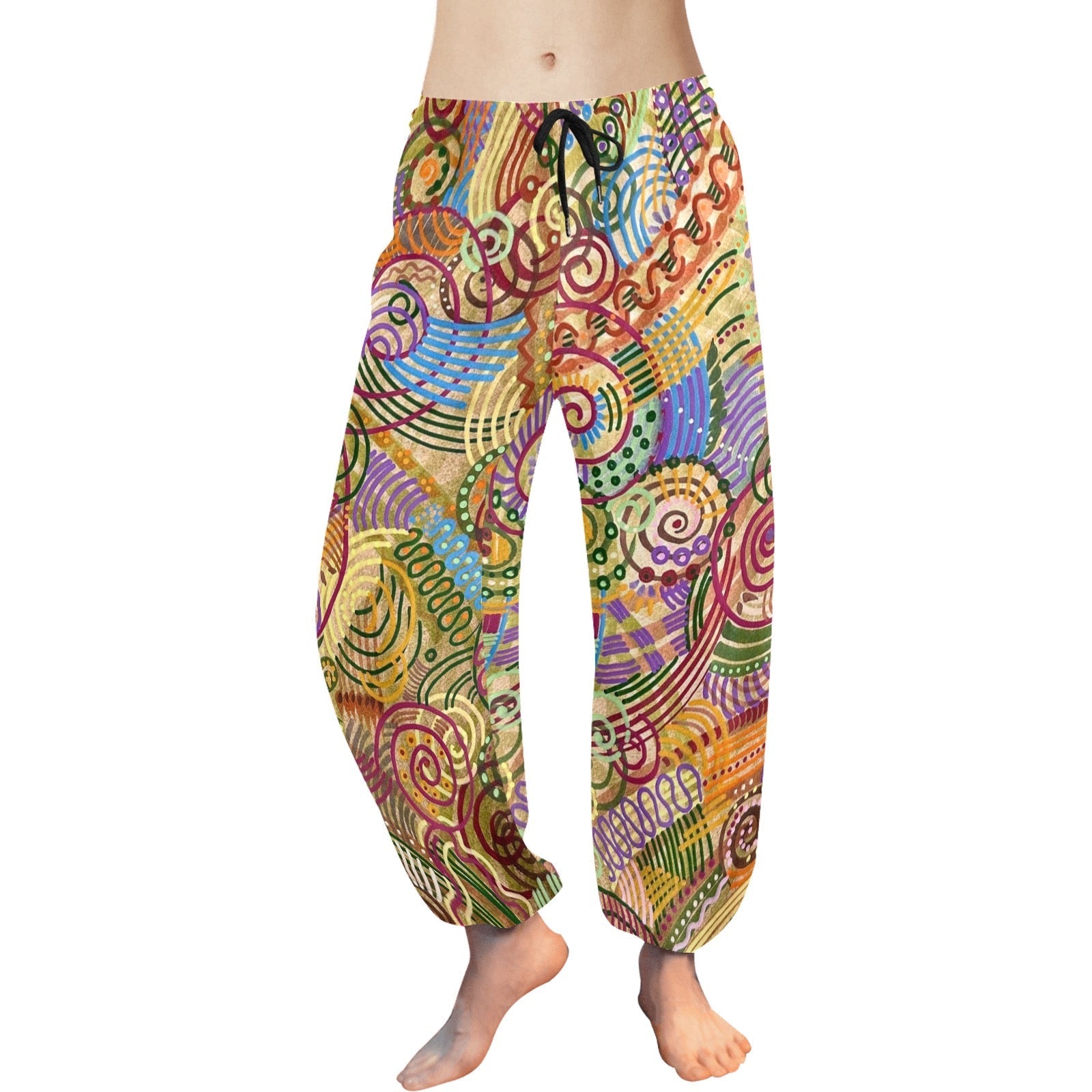 Women's Autumn Rain Rings Pants lightweight chiffon harem style with colorful abstract ring patterns and adjustable black drawstring waistband