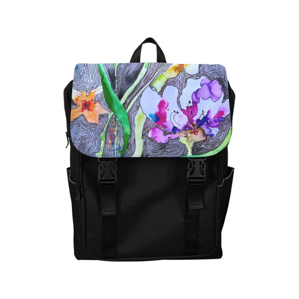 Black casual backpack with colorful lined tulip floral flap design and adjustable shoulder straps