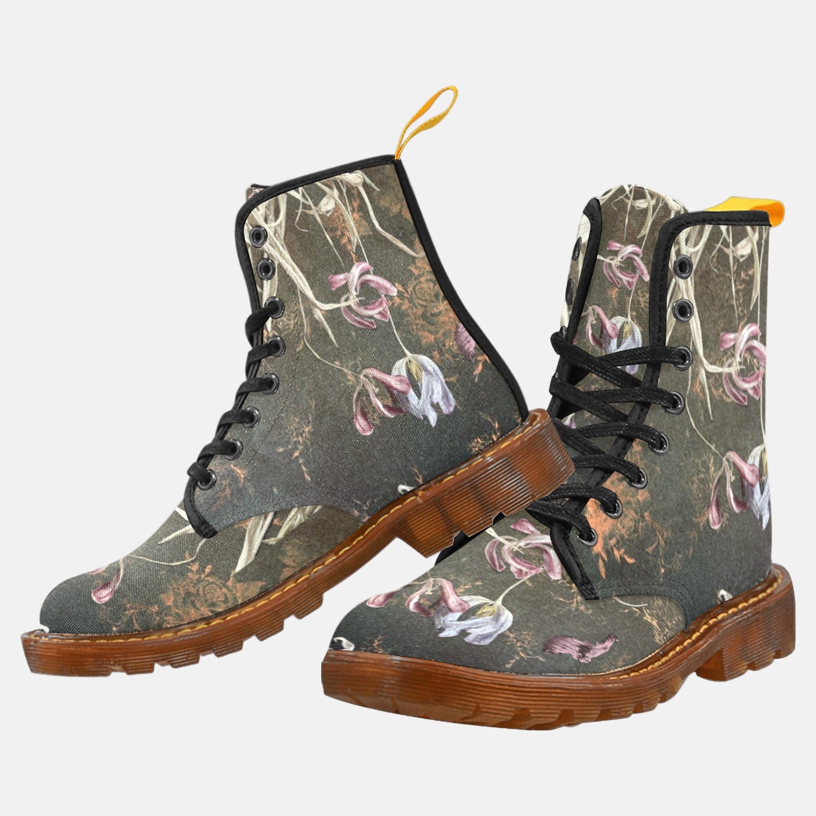 Damascus Tulip Twilight women's canvas lace-up combat boots with floral design and translucent rubber sole