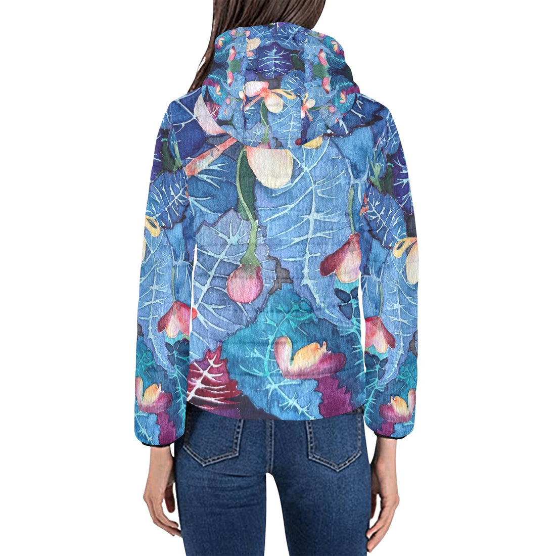 Womens puffer jacket with Cyclamen in Blue floral design, padded hood, and quilted lining.