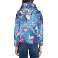 Womens puffer jacket with Cyclamen in Blue floral design, padded hood, and quilted lining.