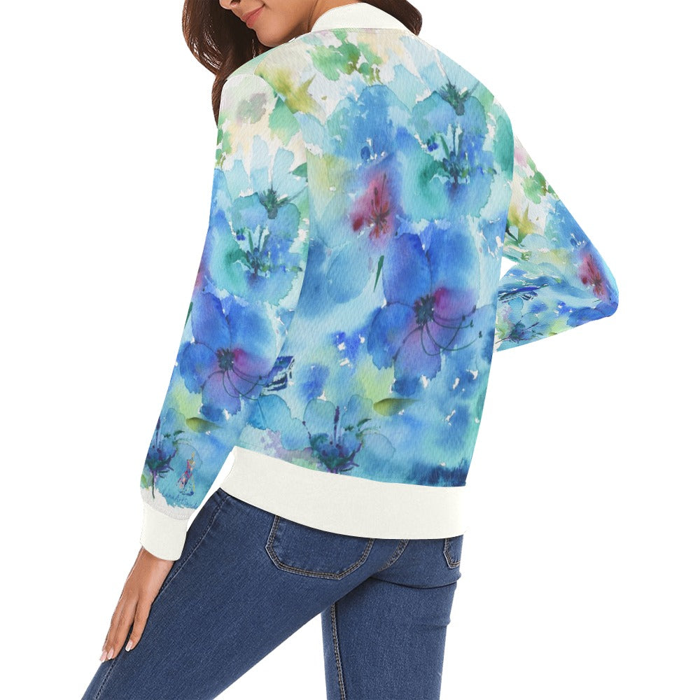 Blaue Bomberjacke mit Hibiskus-Allover-Print für Damen