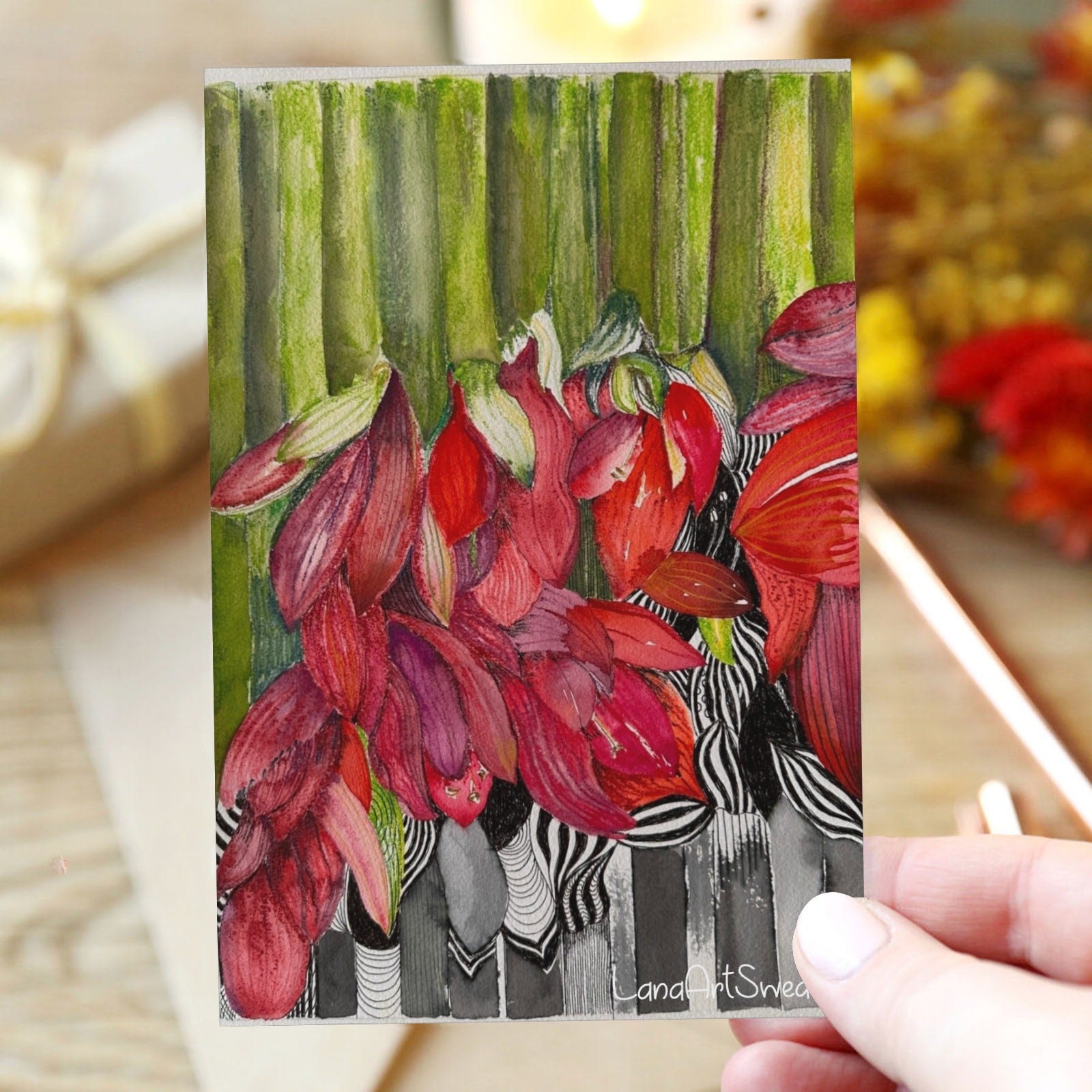 Amaryllis Christmas Card Greeting Card 4x6 by LanaArt Sweden, featuring original watercolor designs, customizable frozen window space, and heart-shaped clasp envelope.