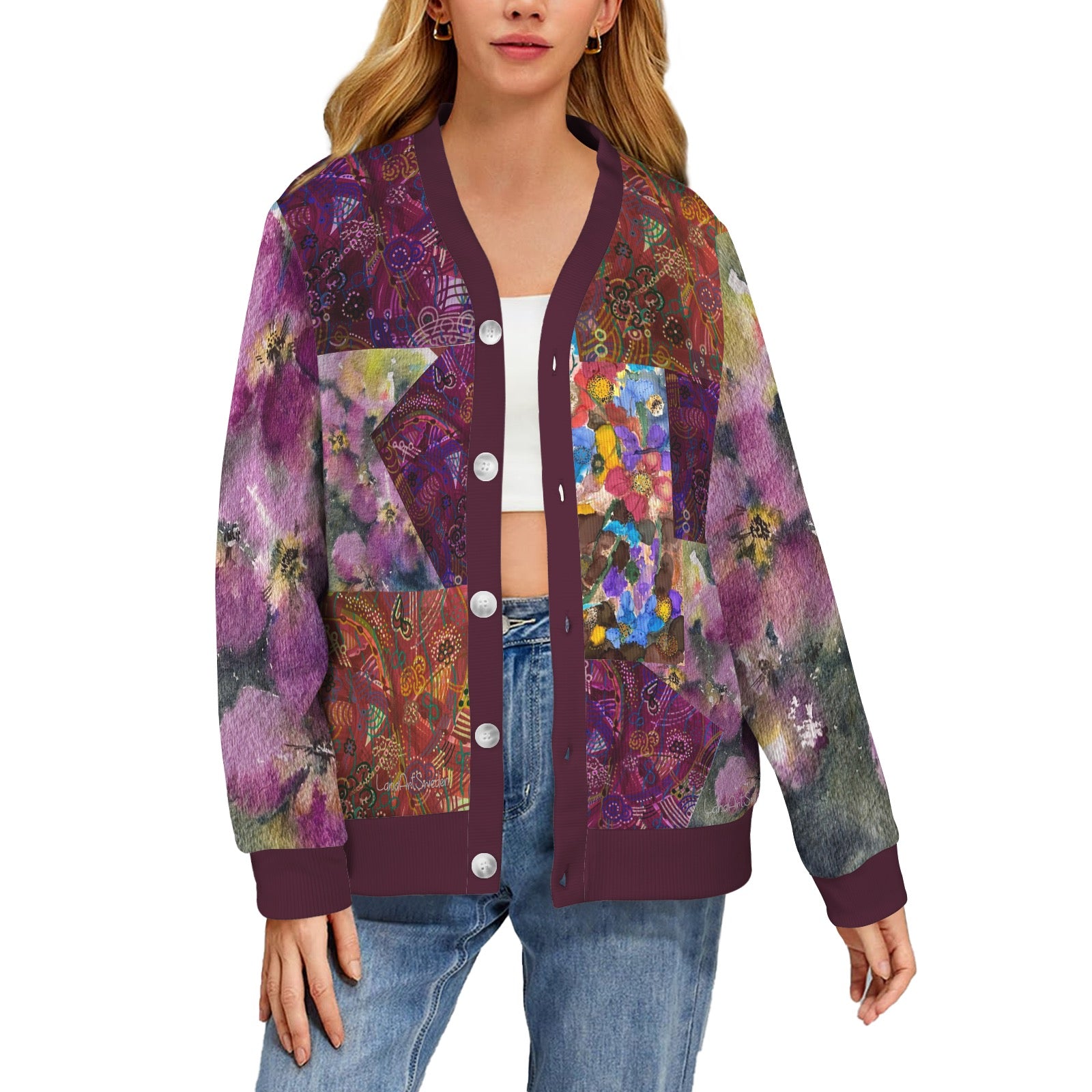 Purple Patches Women's Ribbed Cardigan (Model H73)