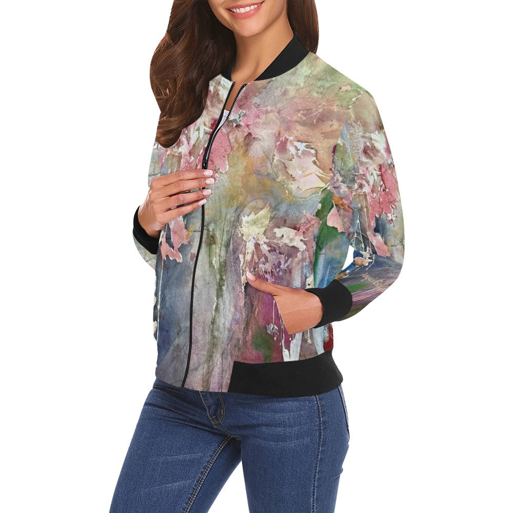 Women's City Bomber Jacket with artistic floral design and black ribbed collar, cuffs, and hem