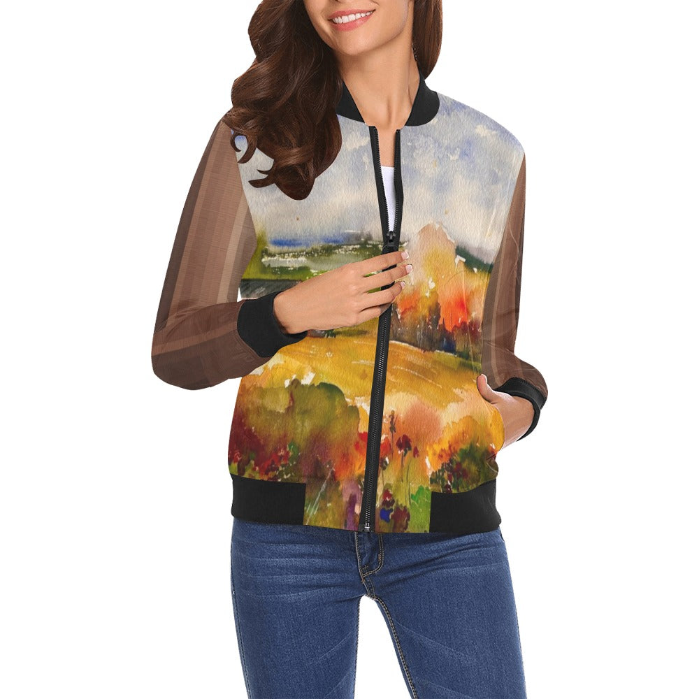 Countryside Brown All Over Print Bomber Jacket for Women