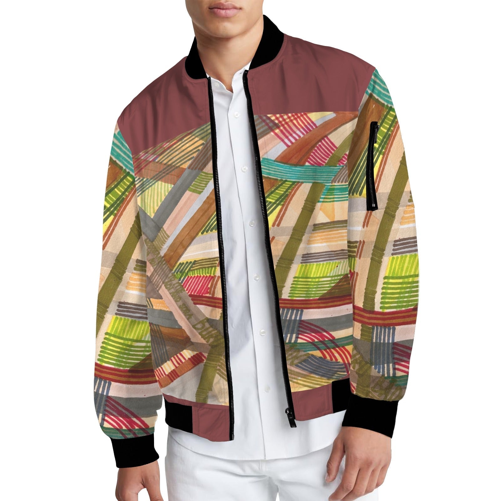 Brown Labyrinth Bomber Jacket with colorful abstract labyrinth pattern and black ribbed collar, cuffs, and hem.