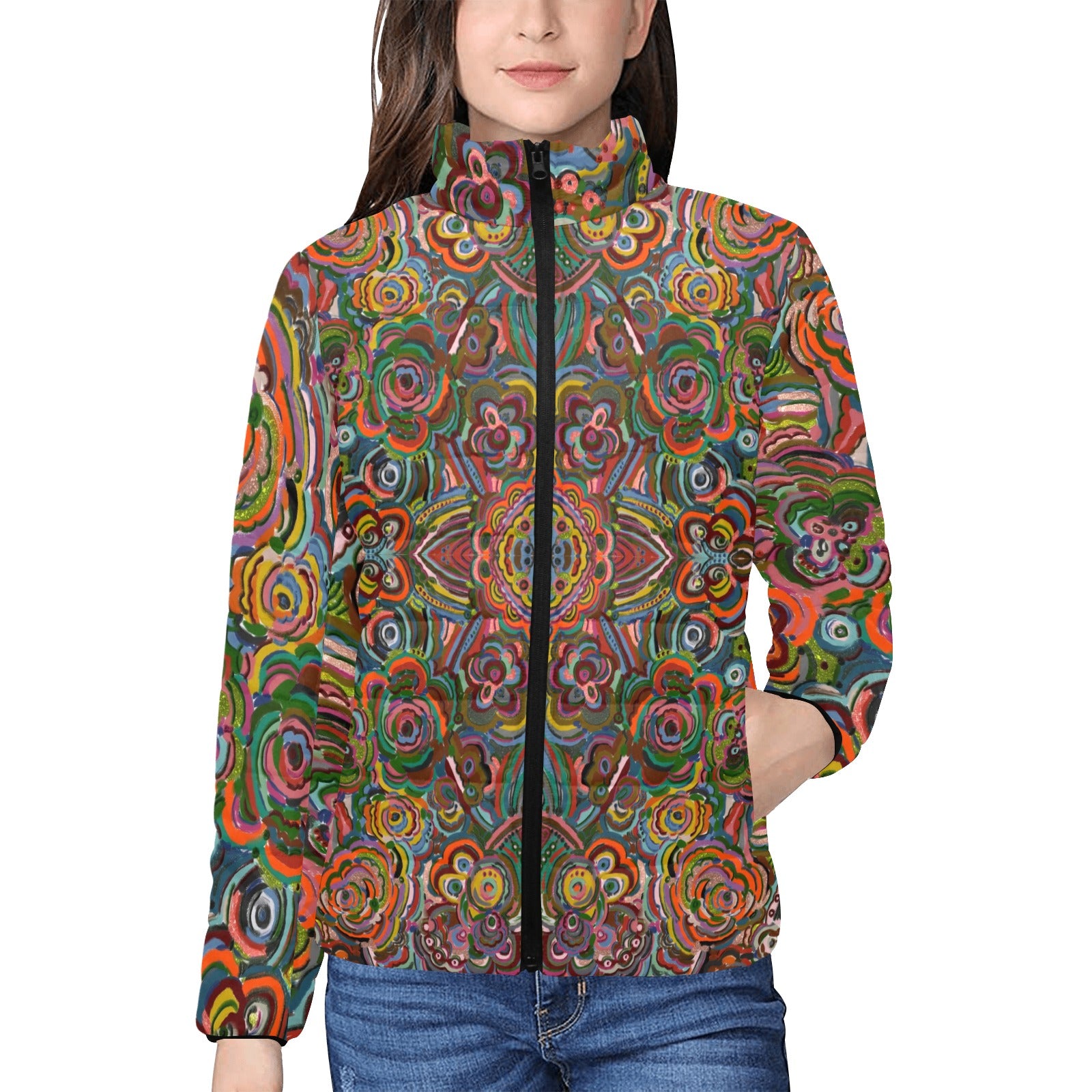 Fall Fiesta Fractals Women's Stand Collar Padded Jacket (Model H41)