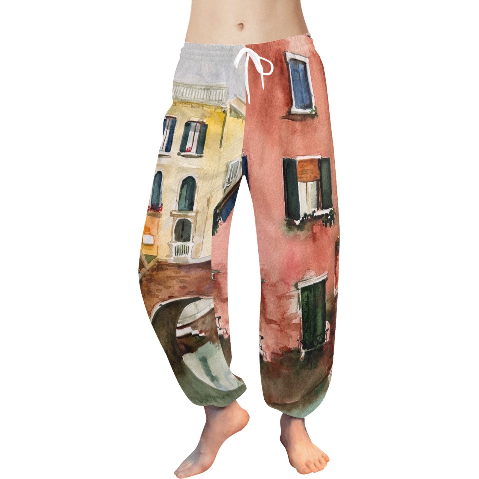 Lightweight Venice Bridge Pants with watercolor Venice building print, drawstring waist, and ankle cuffs for lounging and yoga.