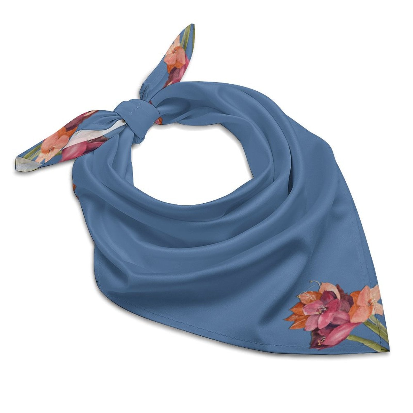 Blue scarf kerchief with floral accents, lightweight synthetic fabric, versatile styling accessory for neck, head, or handbag.
