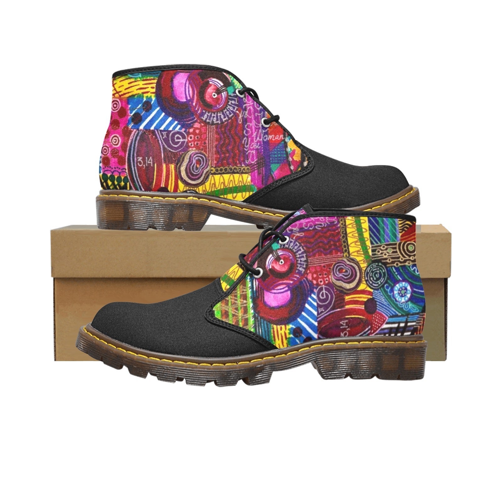 ColorBomb Black Toe men's canvas mid-top boots with vibrant multicolor pattern, black toe, translucent rubber sole, and lace-up closure.