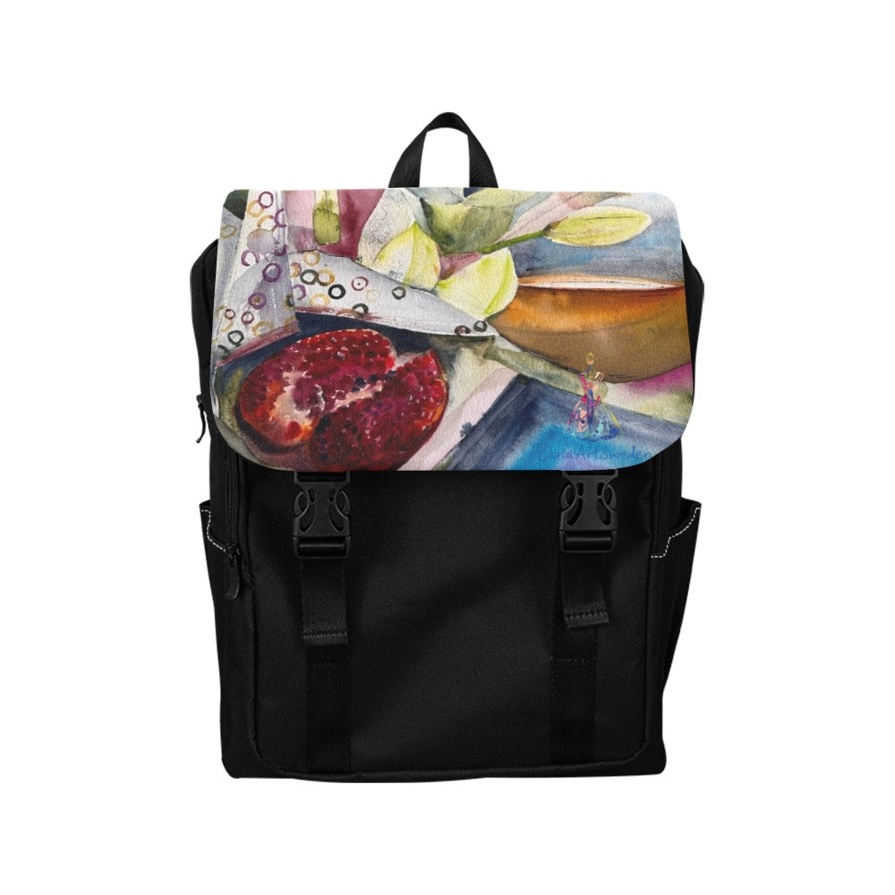 Black backpack with lilies and pomegranate print flap, casual oxford fabric design with multiple pockets and adjustable straps