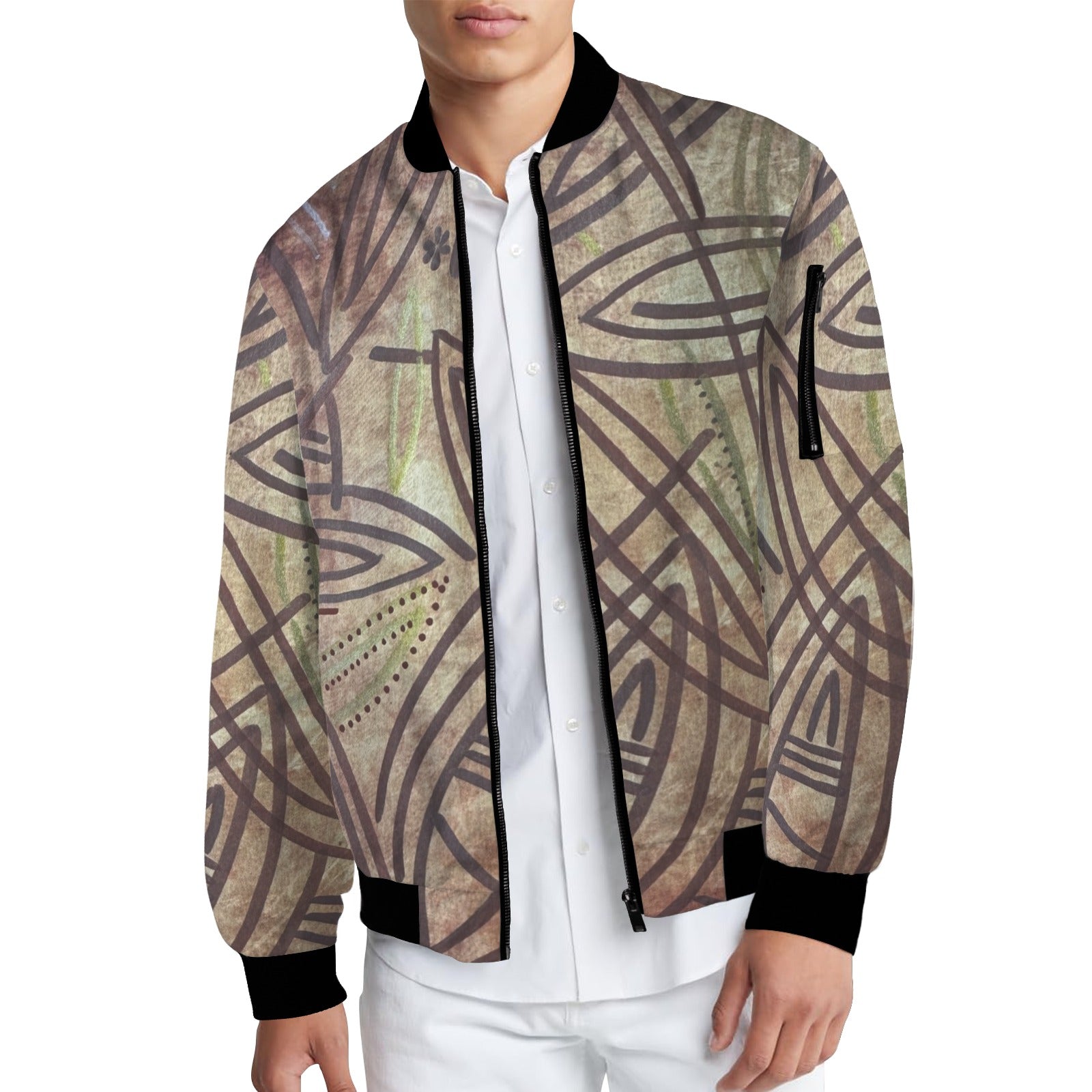 Brown Elegance Bomber Jacket with abstract pattern, ribbed collar and cuffs, zip front, and arm pocket.