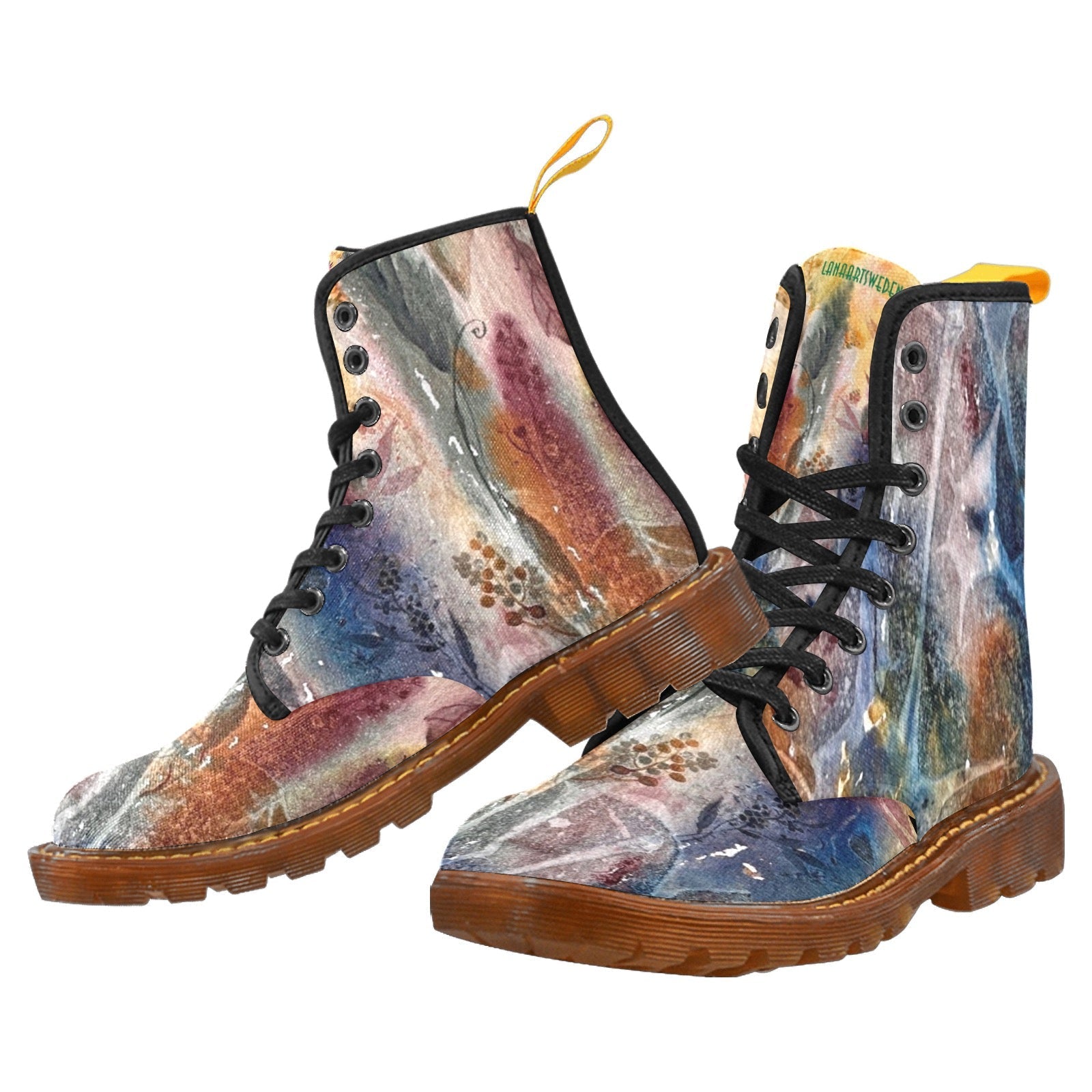 Fall Fantasy Black custom canvas combat boots for women with colorful abstract pattern and translucent brown rubber sole