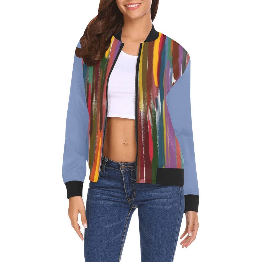Women’s power stripes lagoon bomber jacket with colorful vertical brushstroke design and blue sleeves