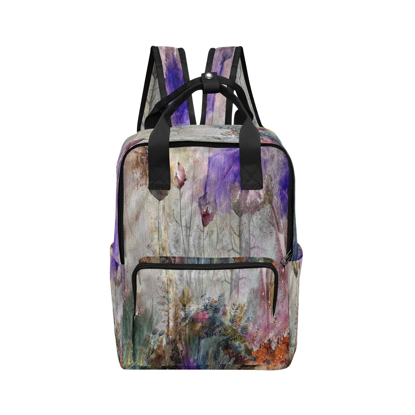 Mystic Forest Twin Handle Backpack with floral design, twin handles, adjustable padded straps, front pocket, and side mesh pockets.
