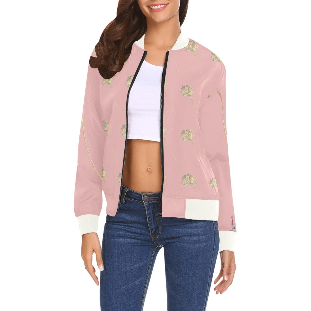 Women's Shaggy Tulip Blush bomber jacket with floral design, ribbed collar, cuffs, and hem, styled with a white crop top and blue jeans.
