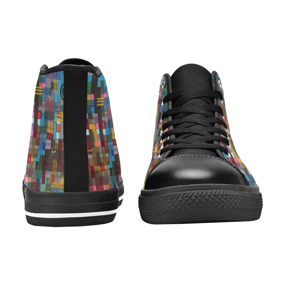 Fall Checkers Black High Top Canvas Shoes for Kids featuring a checkered design, lace-up closure, and durable rubber outsole.