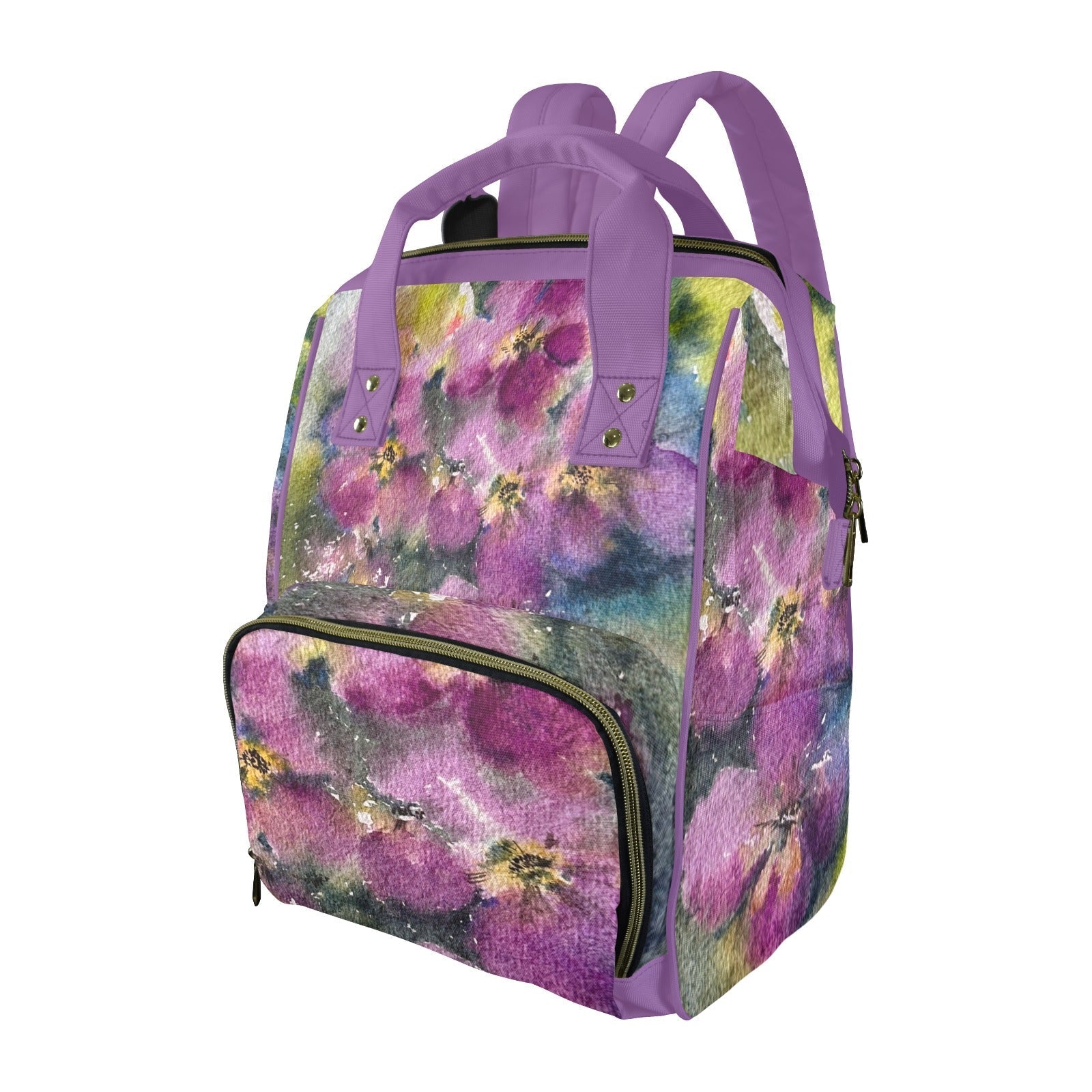 Purple Field multifunction diaper bag with floral design, spacious compartments, and adjustable straps for parents on the go