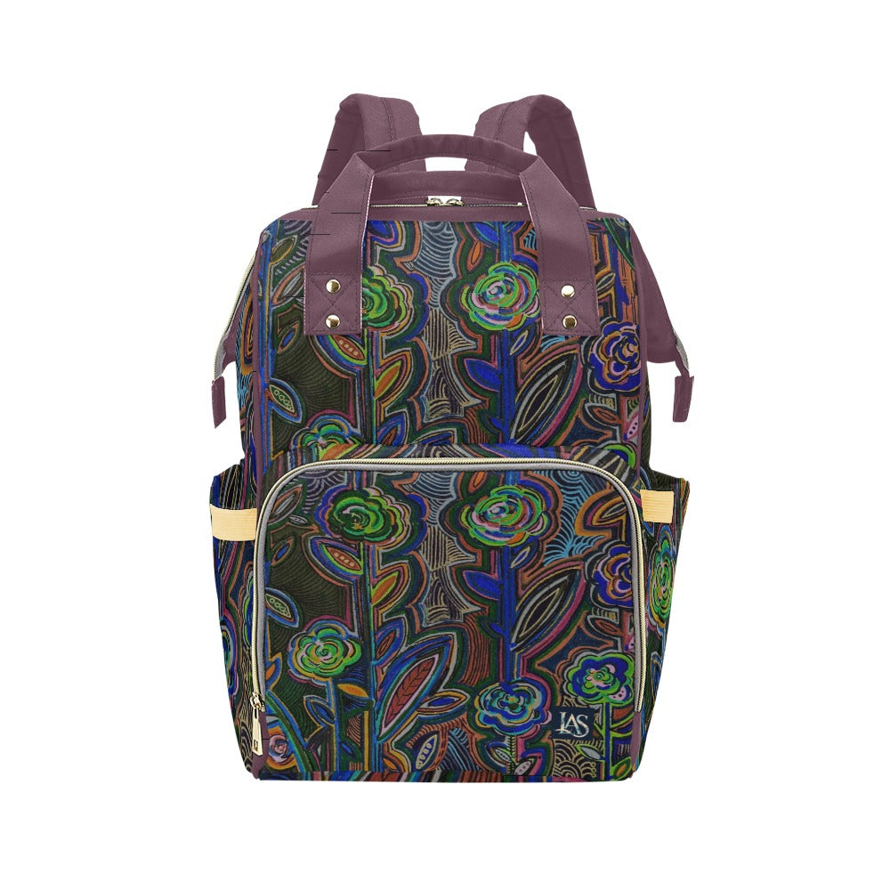 Fabled Flowers Mauve Wine multifunction travel backpack with original floral artwork and insulated bottle holders