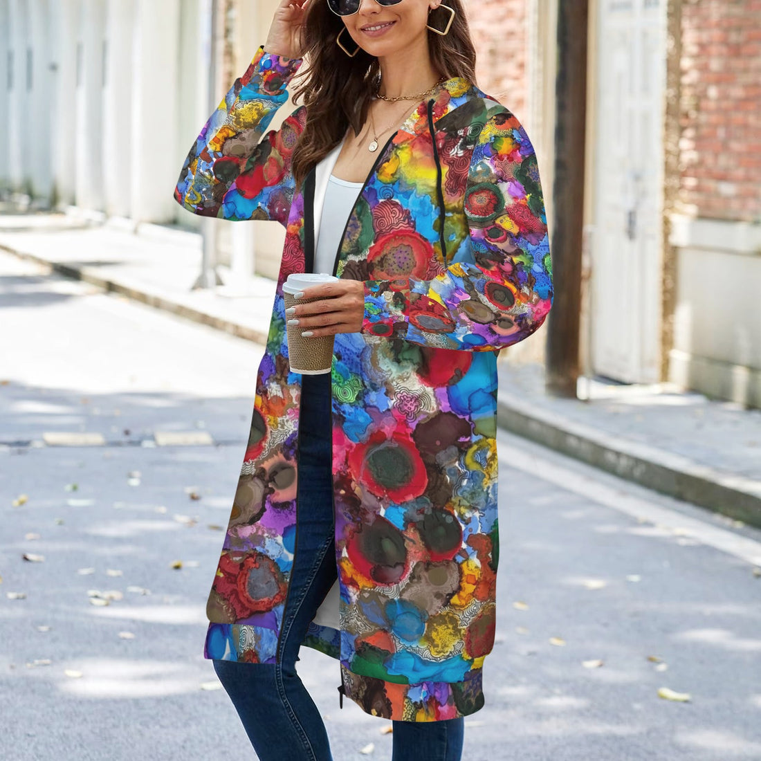 Cosmic Blooms Women's Long Hooded Coat