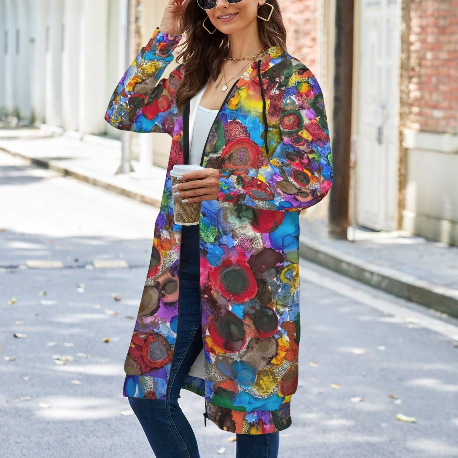 Cosmic Blooms Women's Long Hooded Jacket