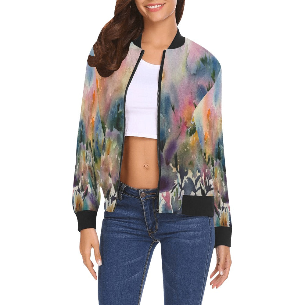 Women’s Morning Dew All Over Print bomber jacket with vibrant watercolor floral design and ribbed black collar, cuffs, and hem