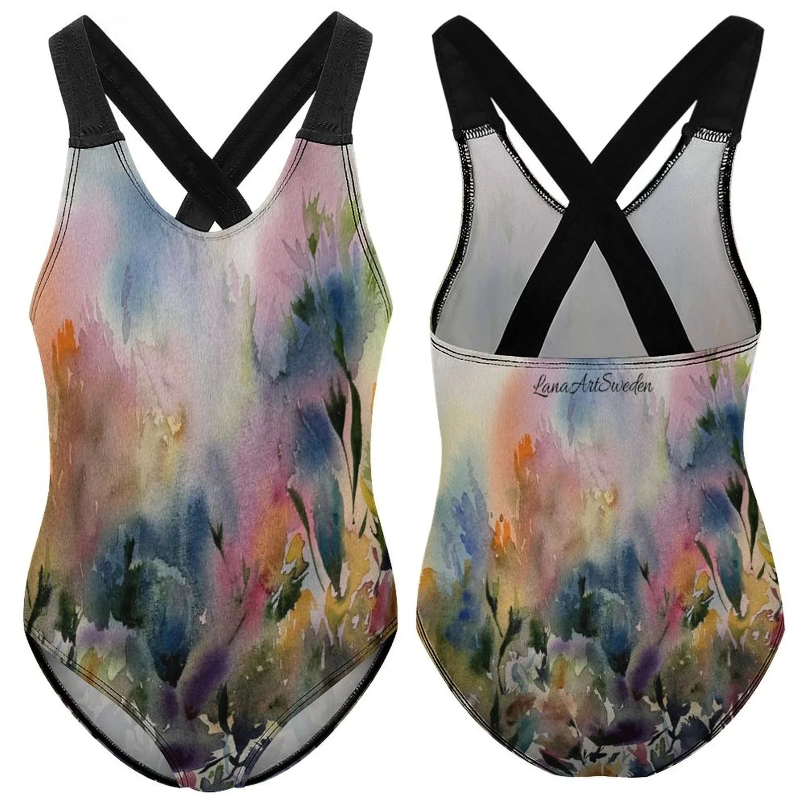 Girls one-piece swimsuit with suspender design and ruffled edges, perfect for swimming and beach outings.