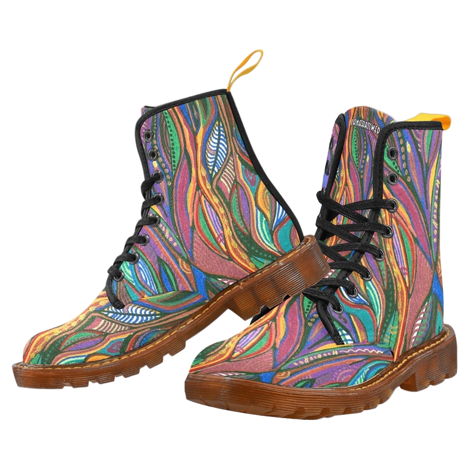 Colorful Lanterna Canvas Combat women's boots with lace-up floral design and translucent raw rubber sole