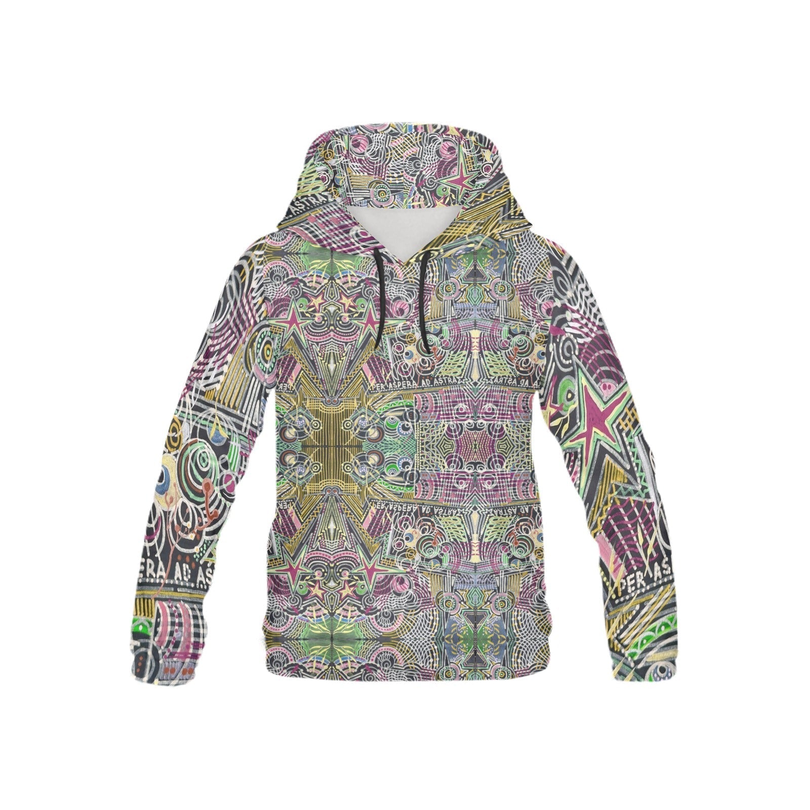 Colorful all-over print kids hoodie with a vibrant, unique pattern and kangaroo pocket, made from soft polyester-spandex blend for comfort and durability.