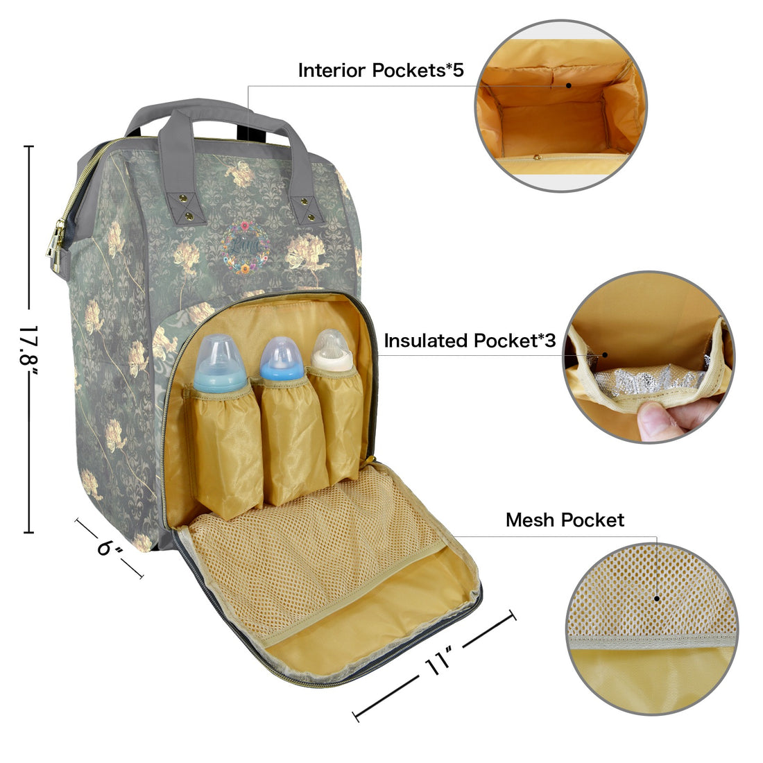 Damaskus Tulip Grey Multi-Function Travel Diaper Bag-Large