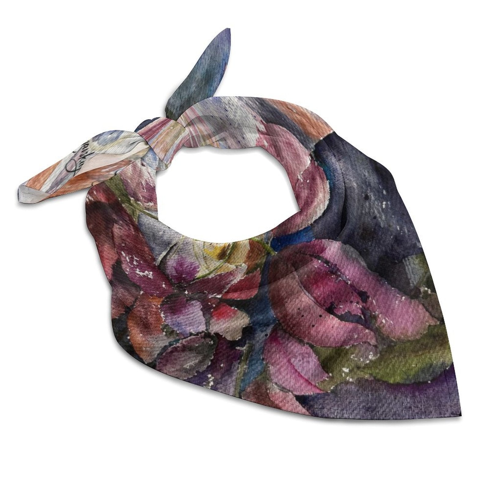Colorful floral scarf kerchief made of lightweight synthetic fabric, perfect for versatile styling.