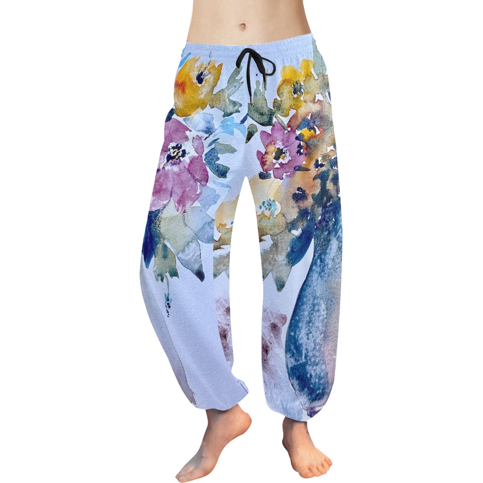 Lightweight chiffon drawstring harem pants with colorful floral print, ankle cuffs, and baggy fit for yoga and lounging