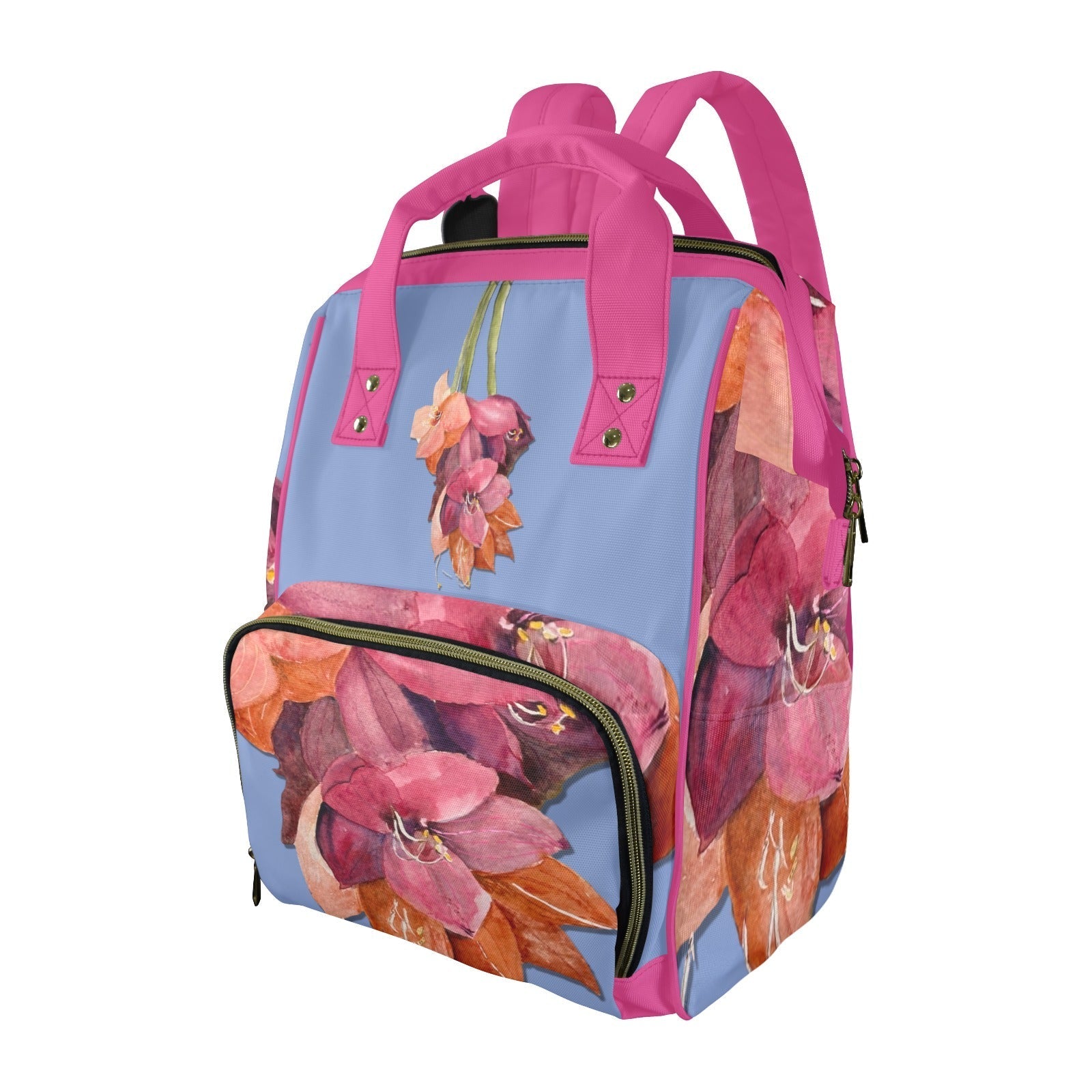 Amaryllis Multifunction stylish diaper backpack with floral design and pink straps