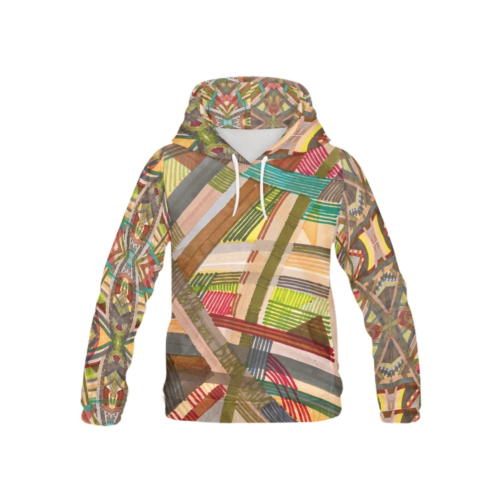 Colorful geometric patterned Narutology all over print hoodie for kids with kangaroo pocket and drawstring hood