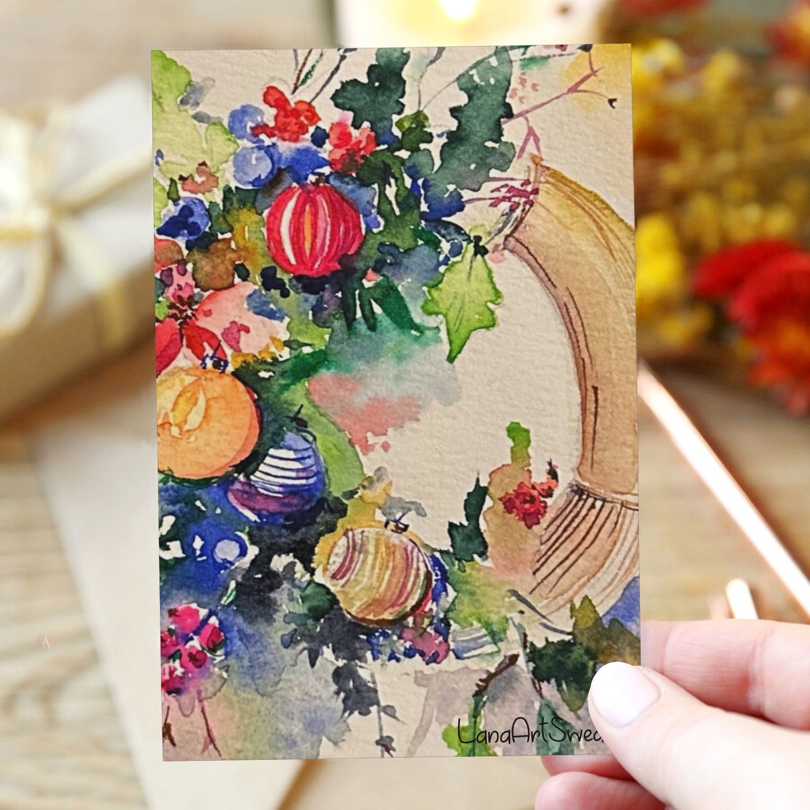 Christmas Wreath Greeting Card with heart-shaped clasp envelope, featuring watercolor artwork by LanaArtSweden.