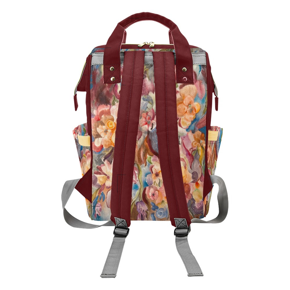 Fall Fiesta Mauve Wine multifunction diaper backpack with vibrant floral artwork and insulated bottle holders