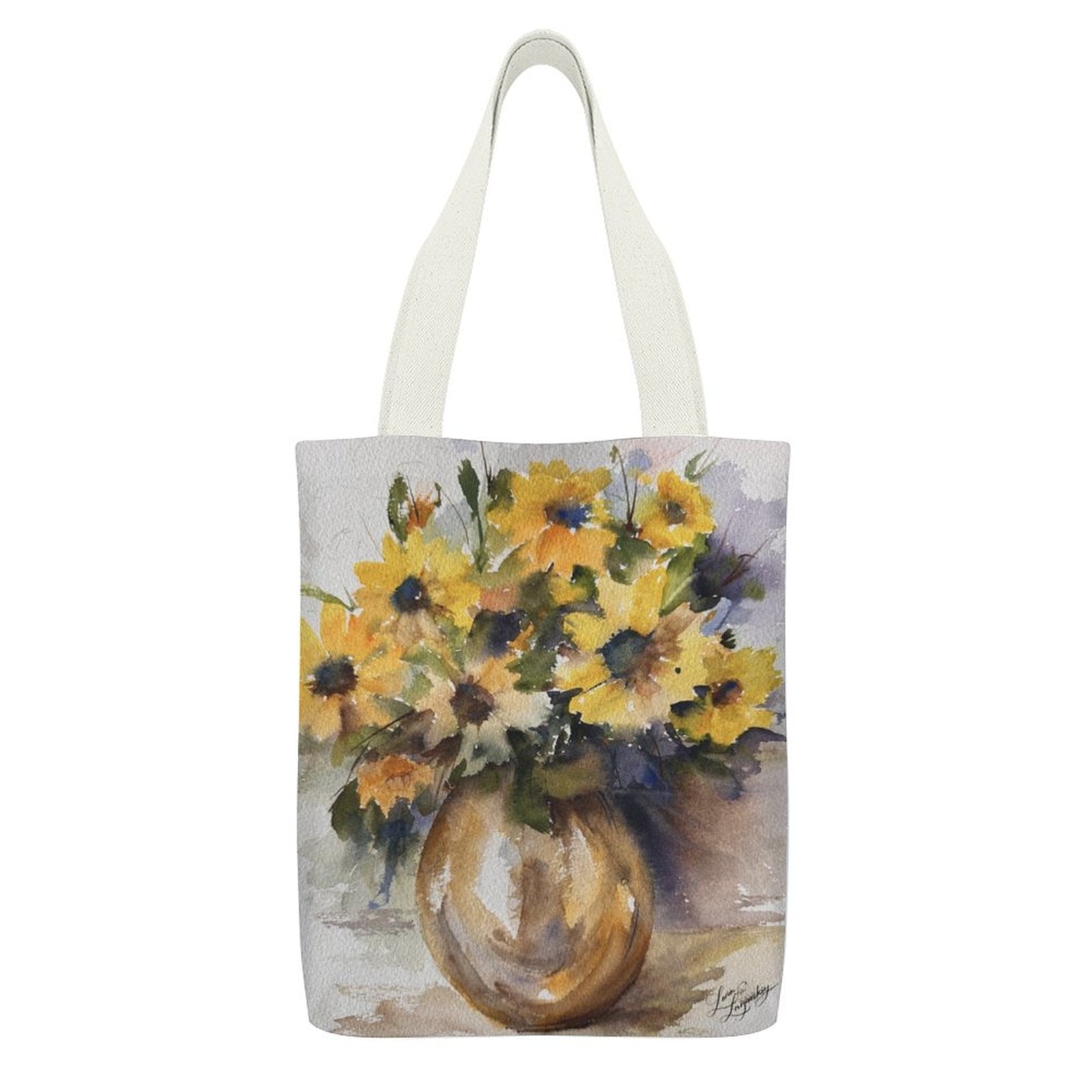 Canvas tote bag with one-sided watercolor sunflower bouquet print and sturdy white handles