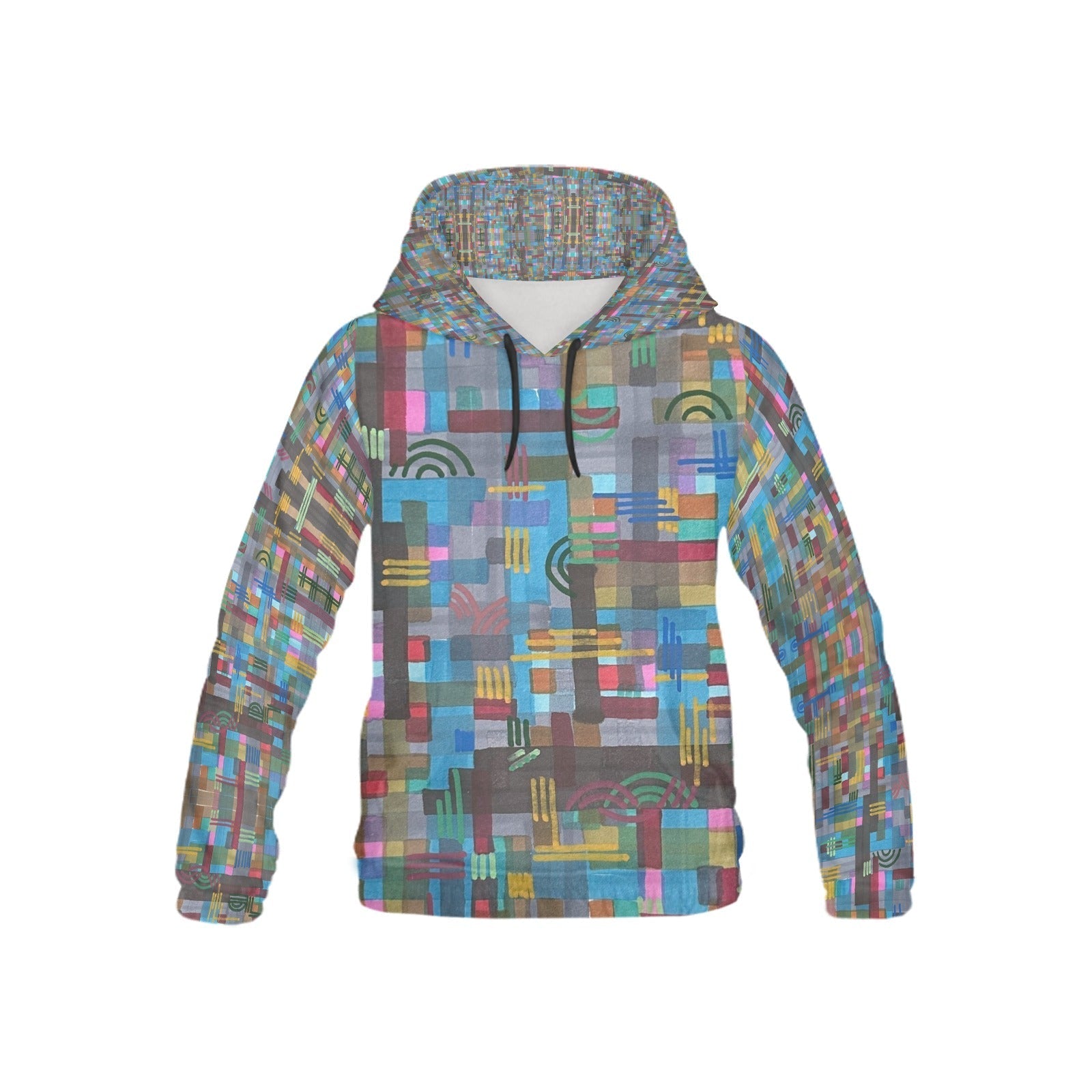 Colorful geometric patterned kids hoodie with hood and long sleeves designed for comfort and style