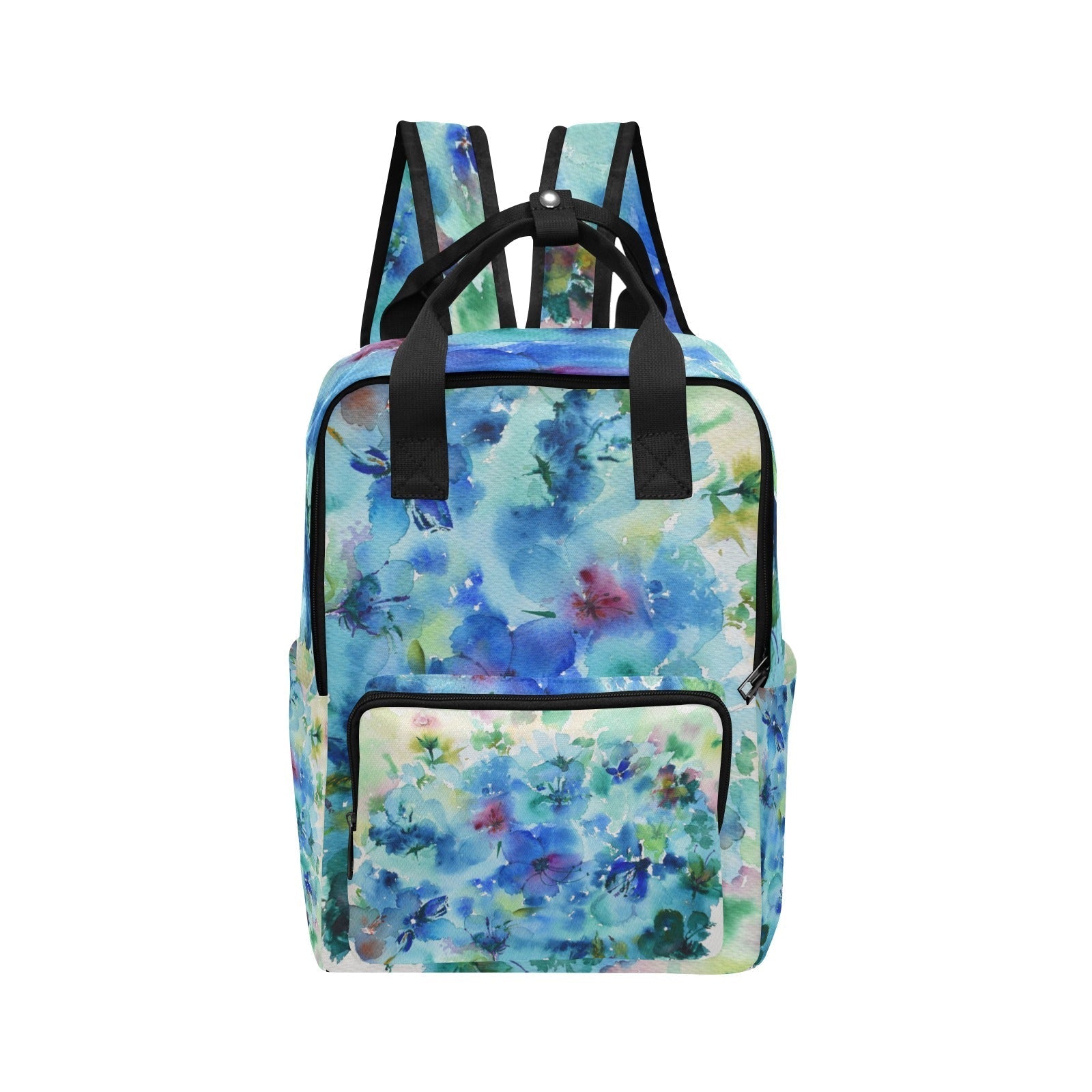 Blue Hibiscus twin handle backpack with floral watercolor design, multiple pockets, and padded adjustable straps for comfort