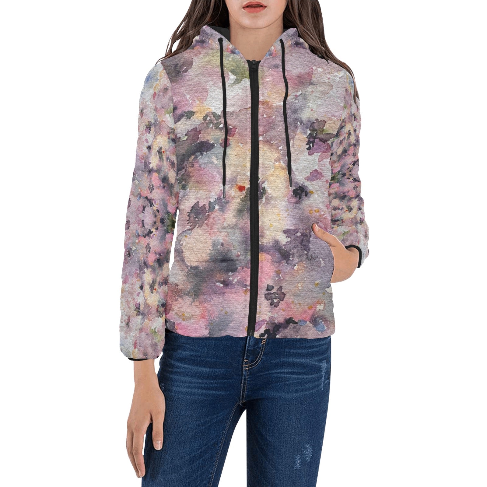 Blooming Lawn Women's Padded Hooded Puffer Jacket with colorful abstract floral print and black zipper closure