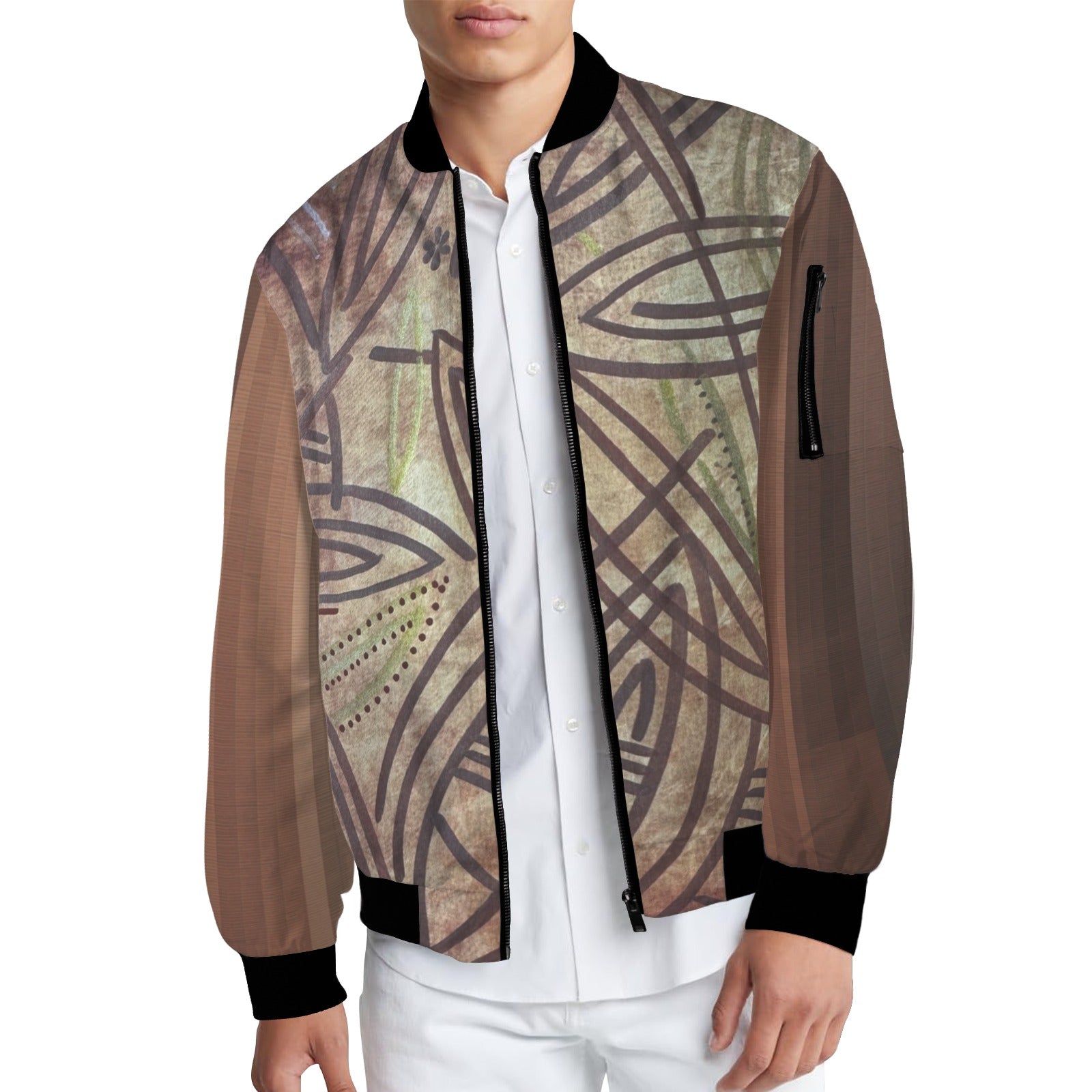 Brown sophisticated elegance city bomber jacket with abstract geometric design, ribbed collar and cuffs, zip front, and arm pocket