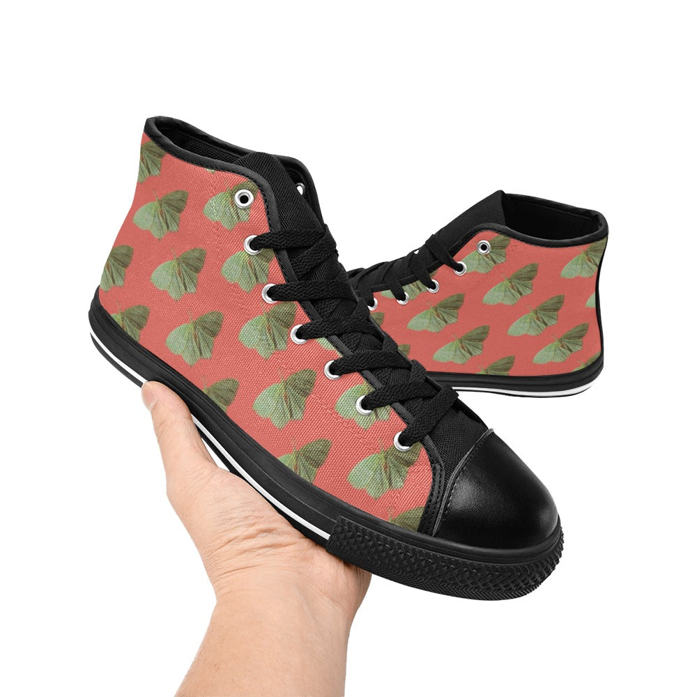 Green Moth Coral Kids' High Top Canvas Shoes