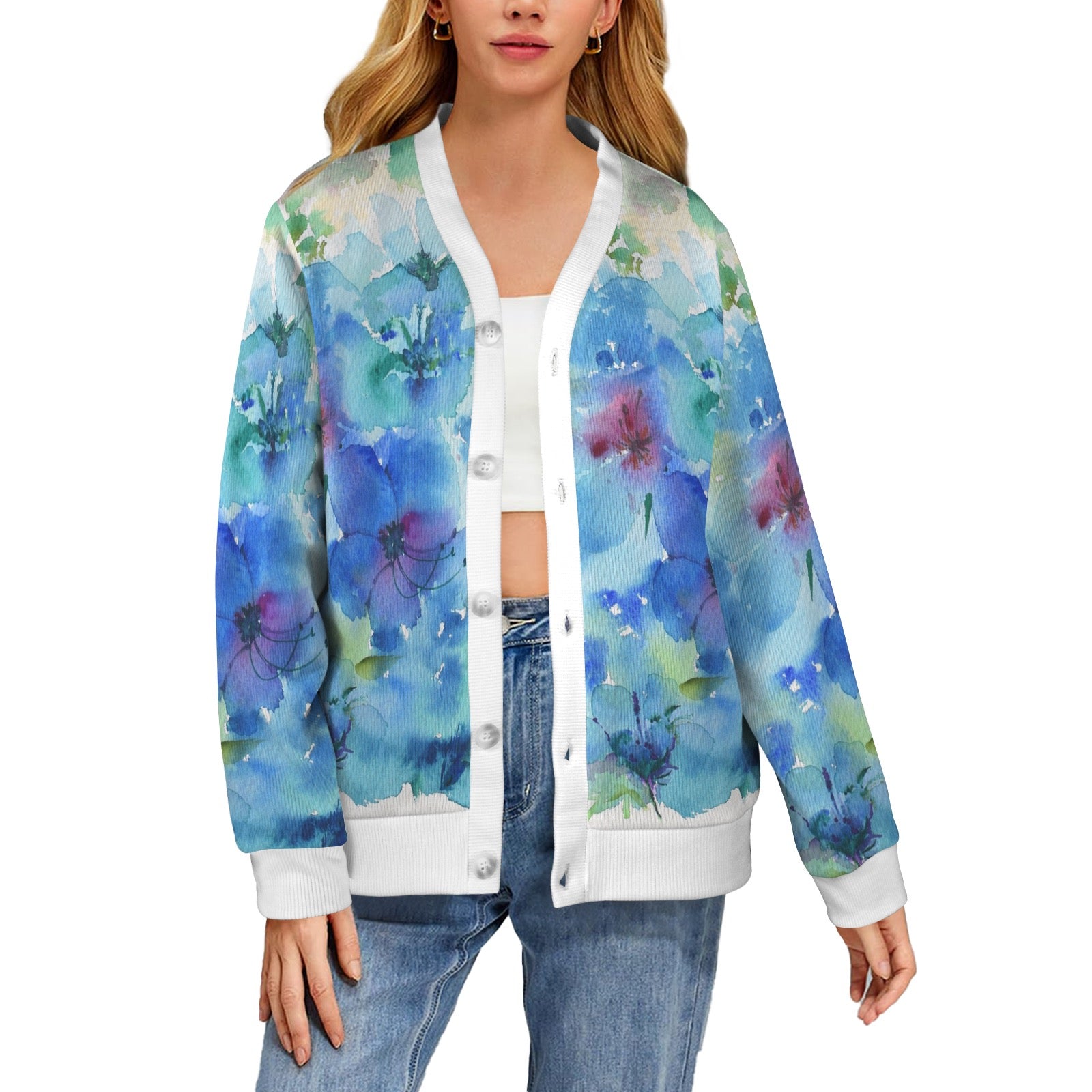 My Blue Blooms Women's Ribbed Cardigan (Model H73)