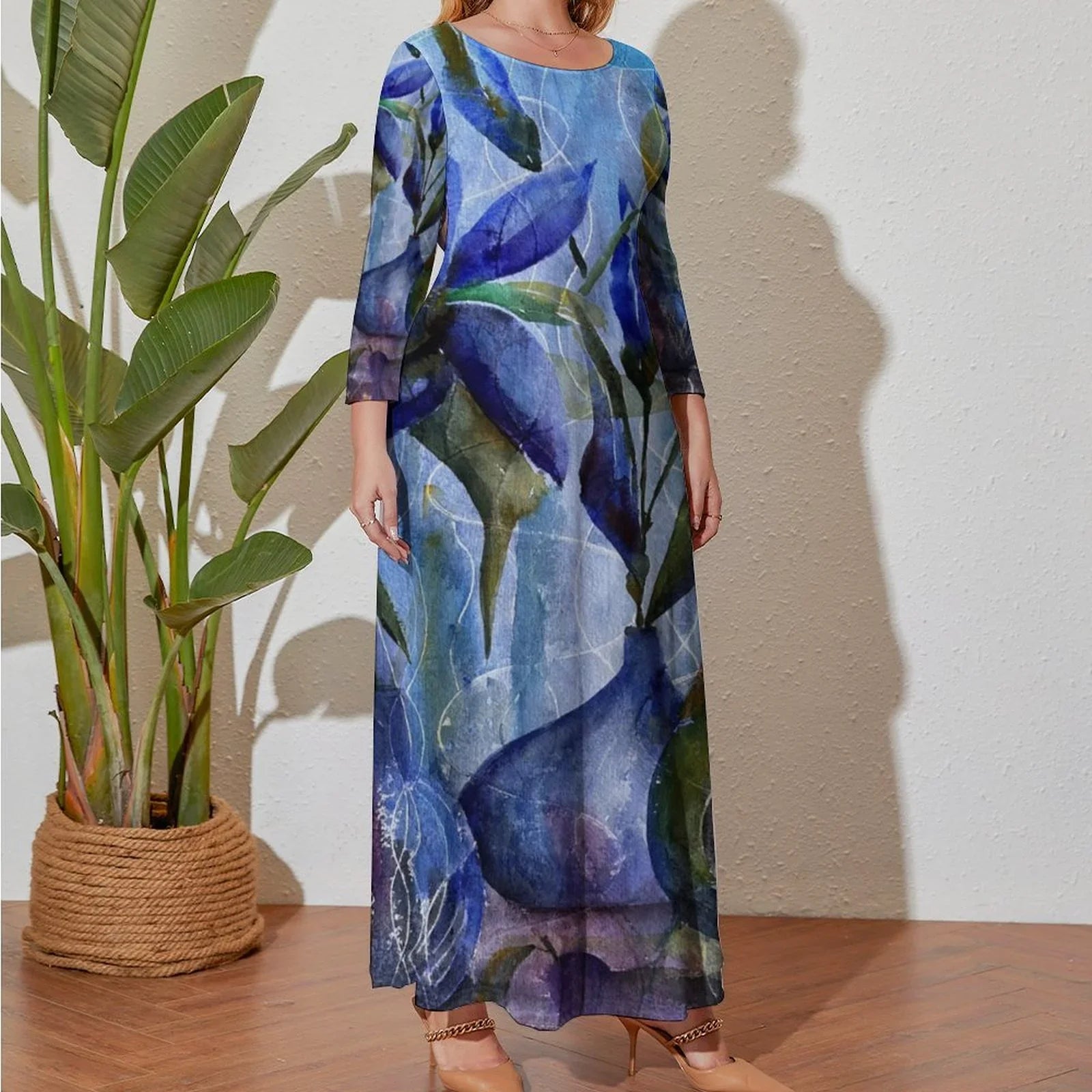 Winter Blues Maxi Long sleeve dress – Lana Art Sweden White / 4XL