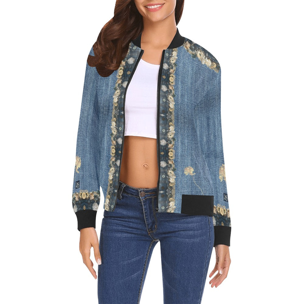 Woman wearing Your Denim Tulips Bomber Jacket with floral design and ribbed black cuffs and collar over a white crop top and blue jeans