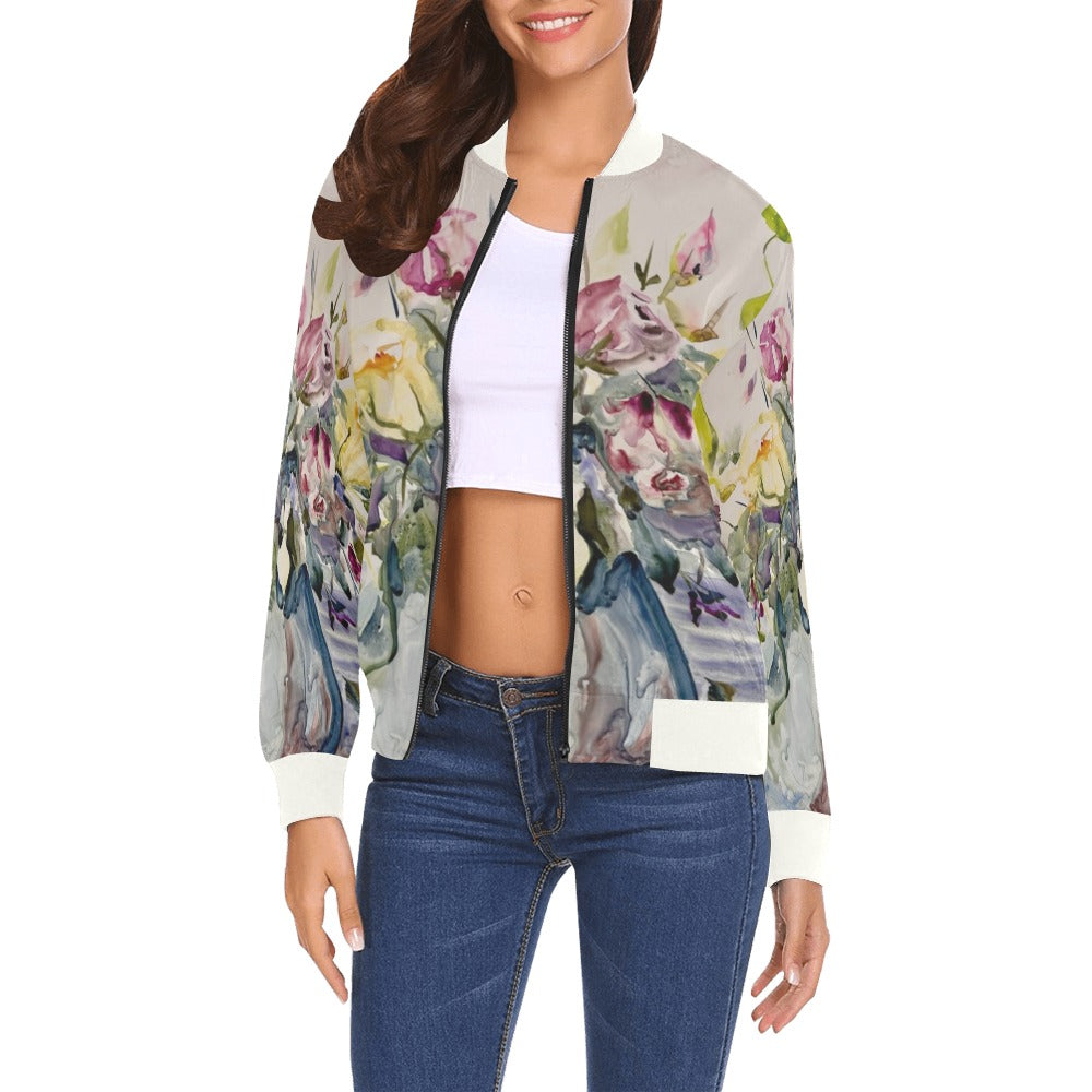 Women's all over print bomber jacket with floral bundle design, ribbed collar and cuffs, zip front closure.